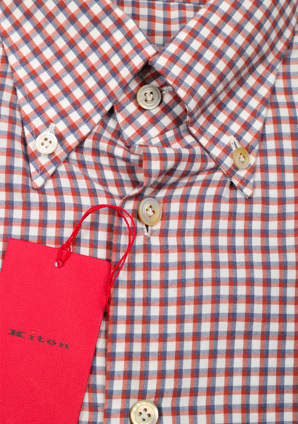 Kiton Checked White Red Gray Shirt 42 / 16,5 U.S.